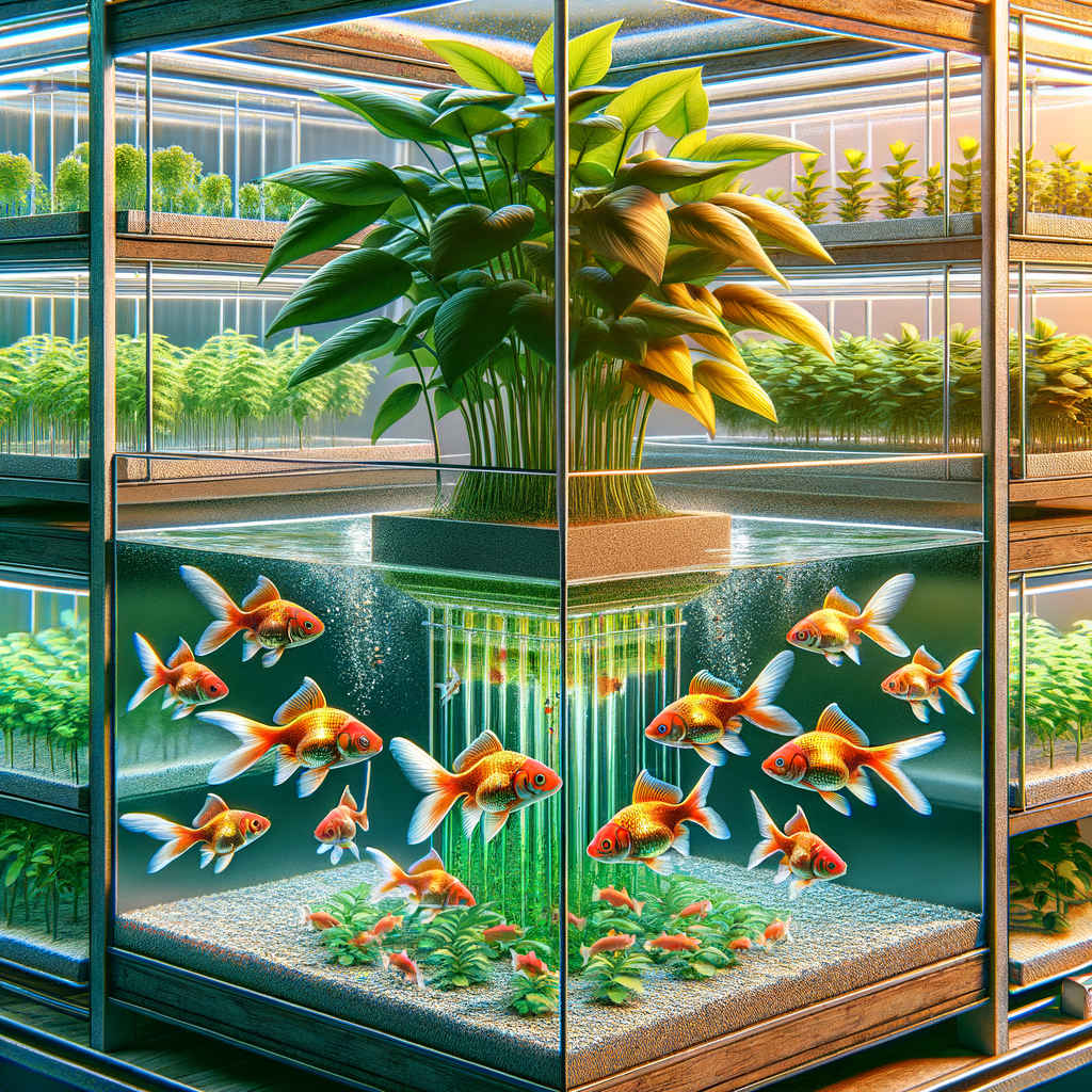 Goldfish swimming in a clear tank under a thriving goldfish plant in a sustainable aquaponic system, demonstrating healthy aquaponic plant growth and sustainable plant cultivation in aquaponic gardening.